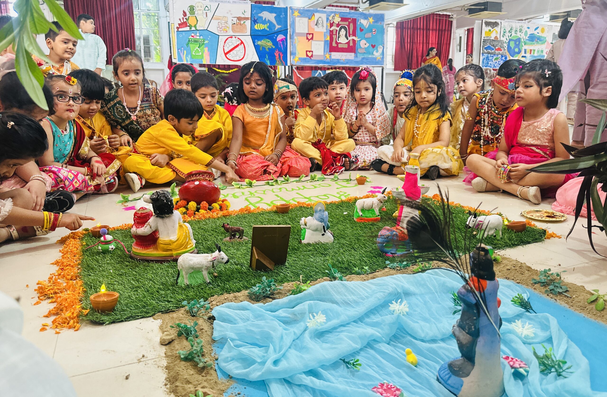 Early Years students beside their Janmashtami jhanki at Modern School Lucknow